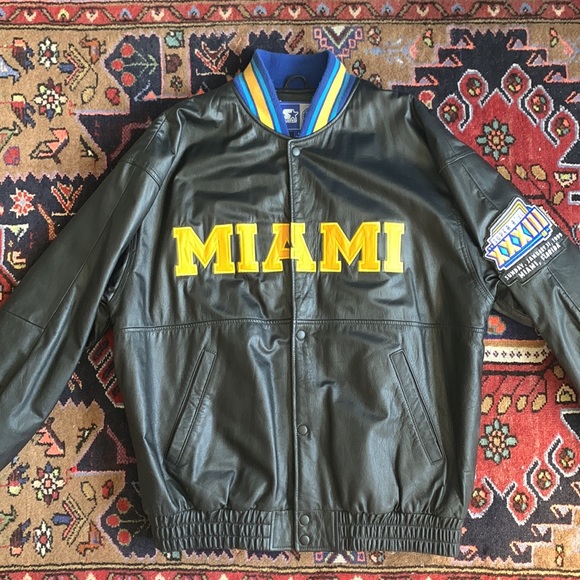 Vintage 1990s Super Bowl XXXIII MIAMI Leather Bomber Jacket by Starter - Picture 2 of 14